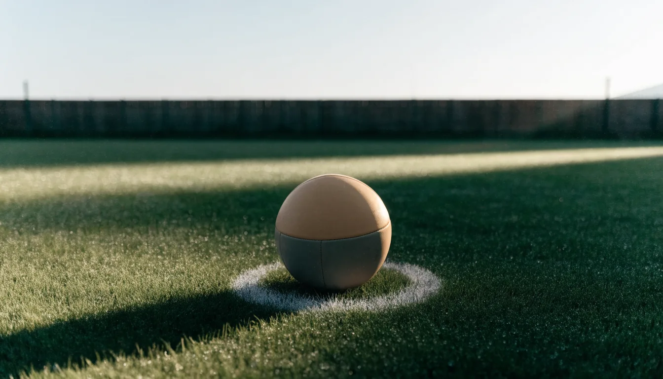 Ein Fußball liegt allein auf dem Anstoßpunkt eines leeren Rasenplatzes im Morgenlicht, am Rand ein niedriger Zaun.