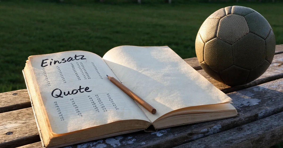Ein Notizbuch mit handschriftlichen Zahlenkolonnen und ein Bleistift liegen neben einem Fußball auf einer Holzbank.
