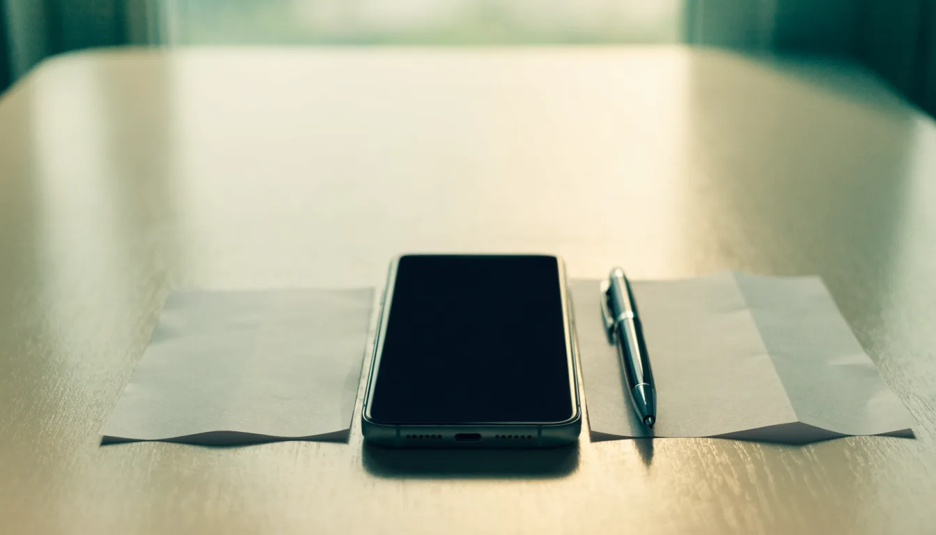 Ein leerer Papier-Wettschein und ein Kugelschreiber liegen neben einem Smartphone mit dunklem Display auf einem Tisch am Fenster.