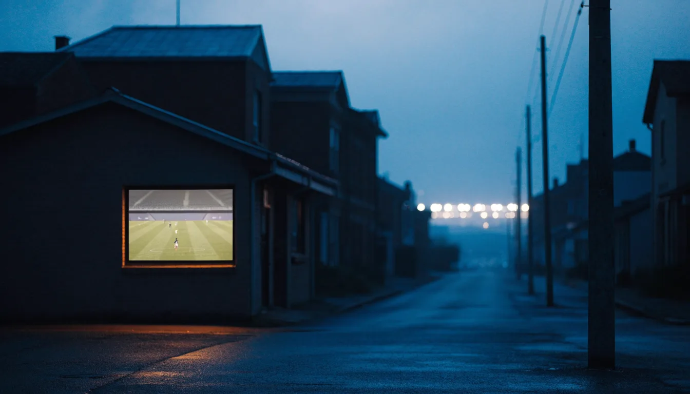 Ein Stadion unter Flutlicht aus der Ferne gesehen, davor eine leere Straße in der Abenddämmerung mit leichtem Dunst.