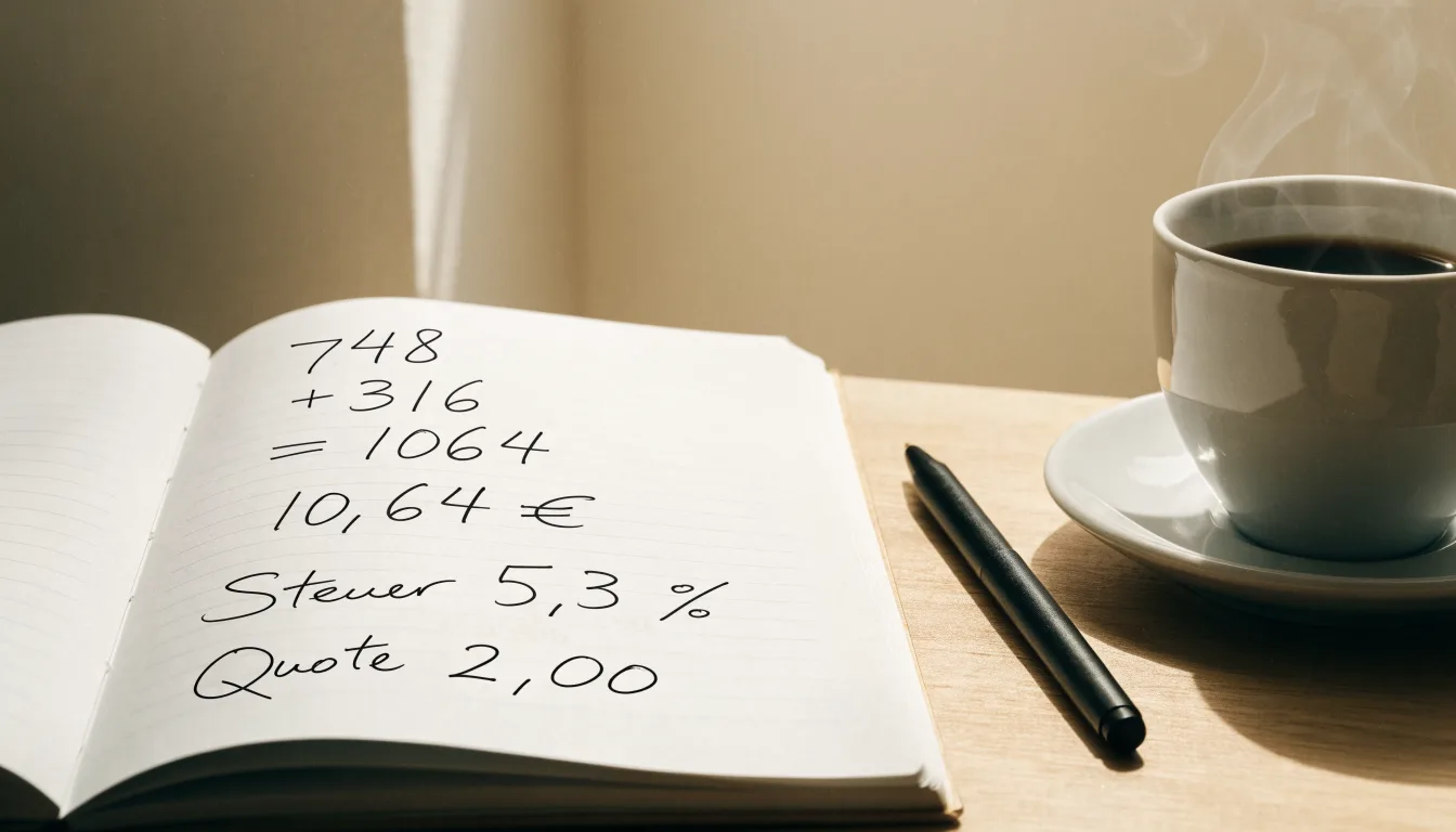Ein Notizbuch mit handschriftlichen Rechnungen und ein Taschenrechner liegen auf einem hellen Schreibtisch neben einer Kaffeetasse.