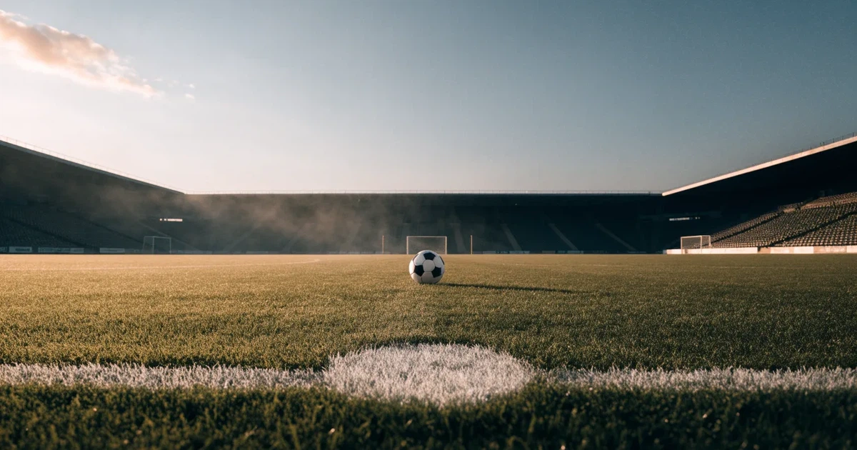 Ein Fußball liegt auf dem Anstoßpunkt eines Rasenplatzes, dahinter leere Tribünen im Licht des frühen Morgens.