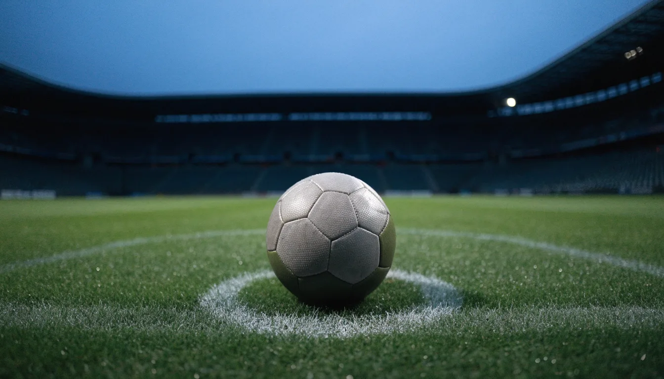 Ein Fußball liegt auf dem Anstoßpunkt eines leeren Rasenplatzes, dahinter ragen dunkle Ränge in den Abendhimmel.
