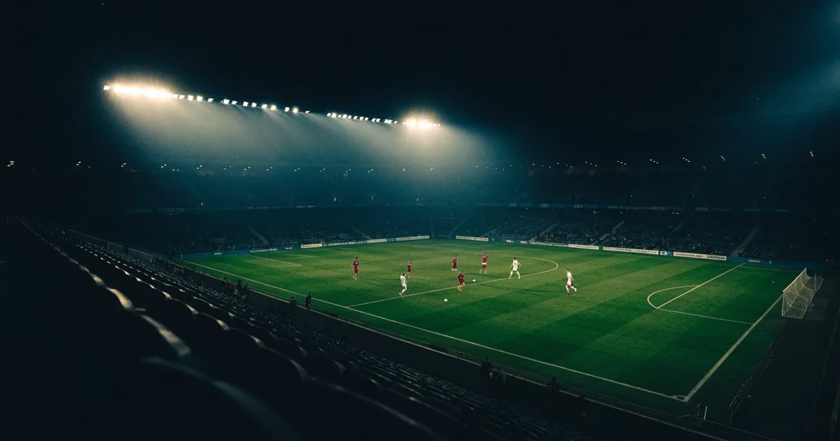 Ein Fußballstadion am Abend unter Flutlicht aus der Ferne gesehen, die Tribünen sind leicht beleuchtet und der Himmel dunkelblau.