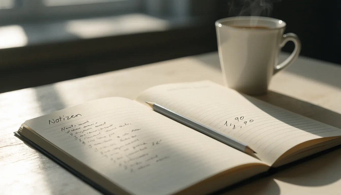 Ein Notizbuch mit handschriftlichen Notizen und einem Bleistift liegt auf einem Tisch, daneben steht eine Kaffeetasse im Morgenlicht.
