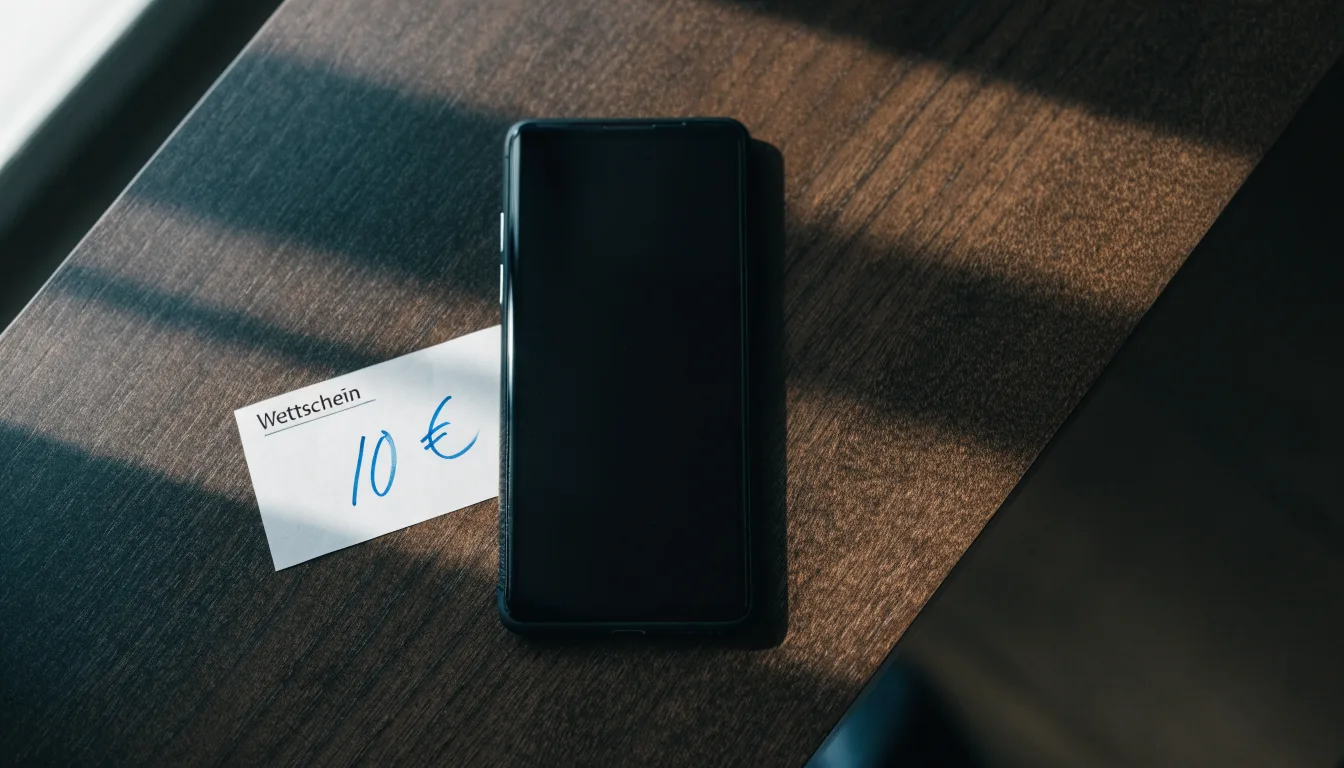 Ein Smartphone liegt mit dunklem Display auf einem Holztisch neben einem leeren Papier-Wettschein, Licht fällt von einem Fenster.