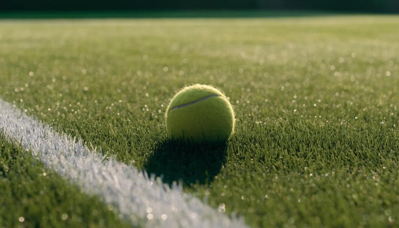 Ein Tennisball liegt auf frisch gemähtem Gras neben einer weißen Linie, Tautropfen glänzen im Gegenlicht.