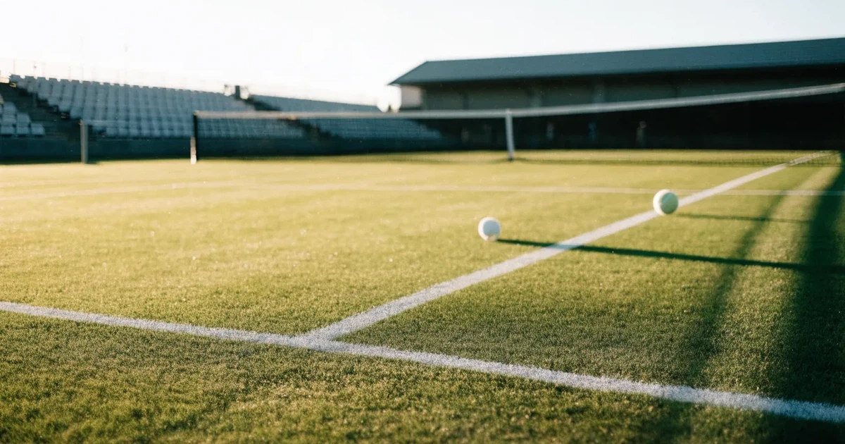 Ein Tennisplatz mit Rasenbelag im Morgenlicht, Netz und weiße Linien, im Hintergrund eine ruhige Tribüne.