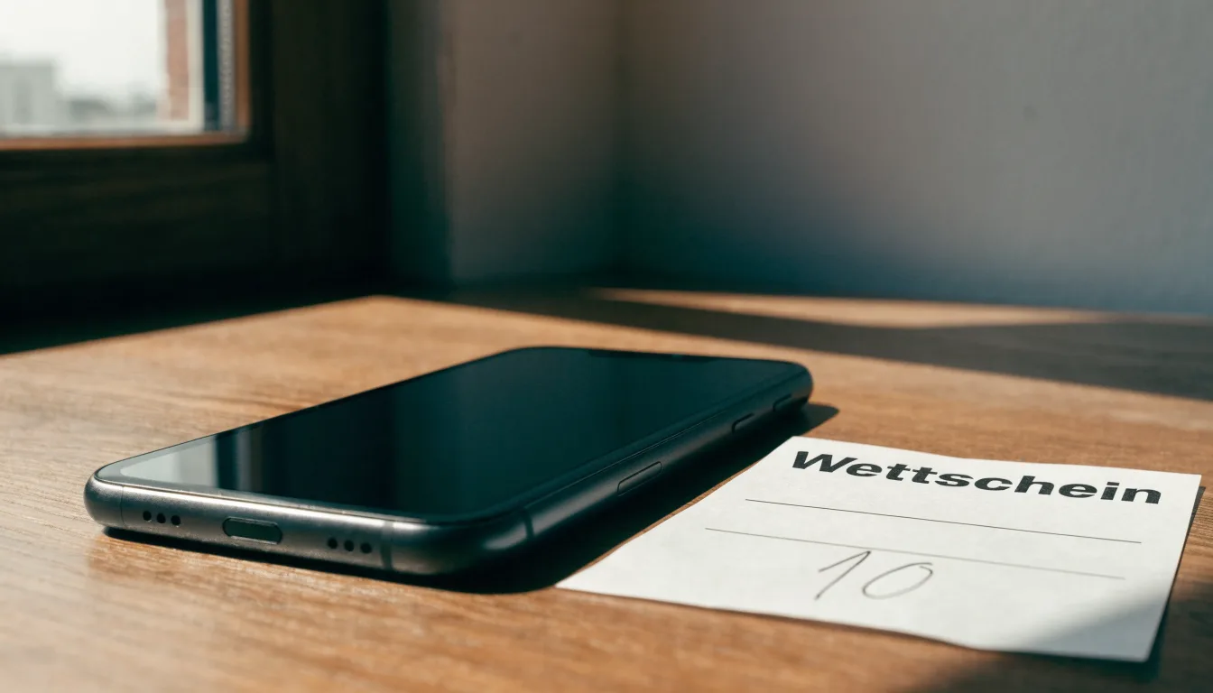 Ein Smartphone mit dunklem Display liegt neben einem leeren Papier-Wettschein auf einem Tisch am Fenster.