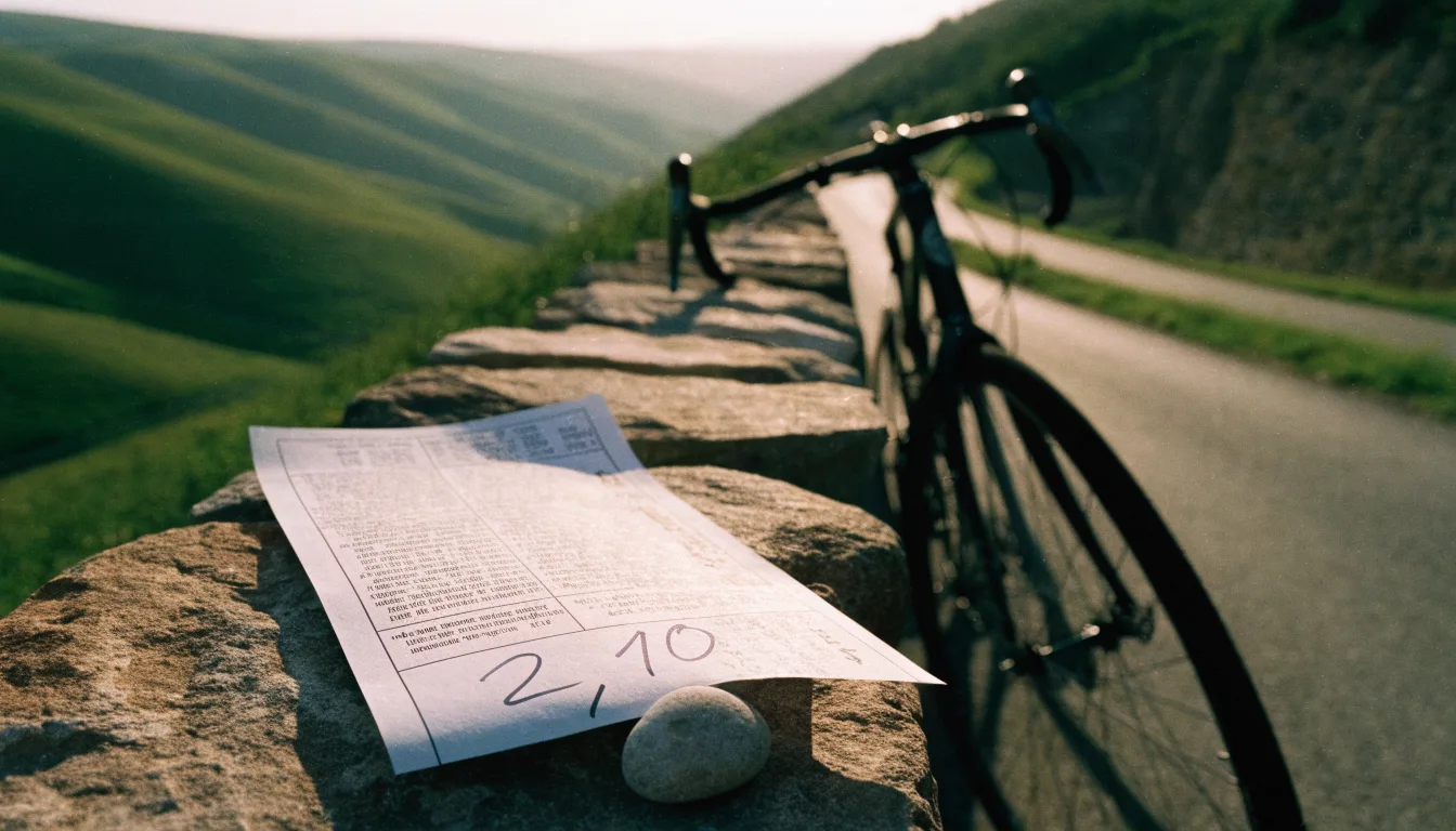 Ein Rennrad lehnt an einer Steinmauer in einer Bergkurve, im Hintergrund eine weite Hügellandschaft im Gegenlicht.