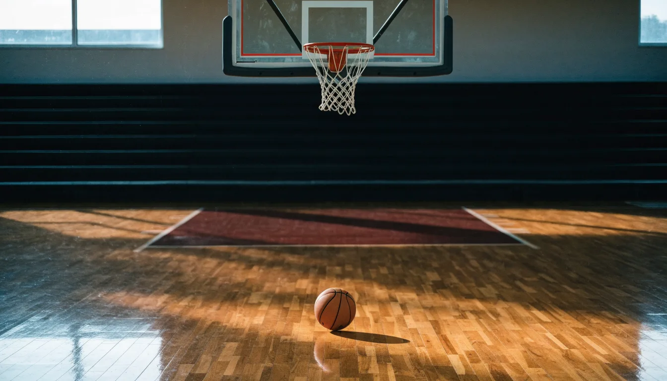 Ein Basketballkorb in einer leeren Halle, der Ball liegt unter dem Brett auf dem Parkett.