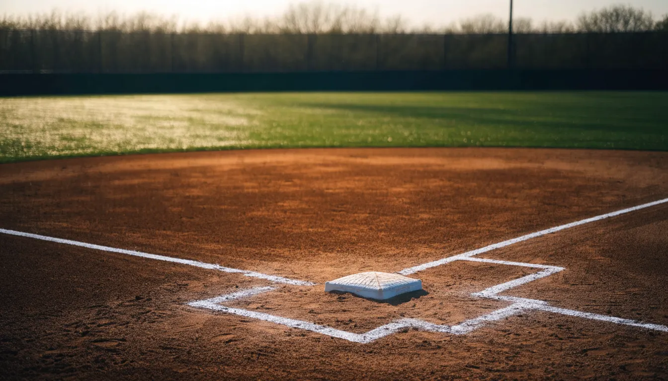 Ein Baseballfeld mit leerem Infield im Morgenlicht, die Linien frisch gezogen, keine Spieler im Bild.