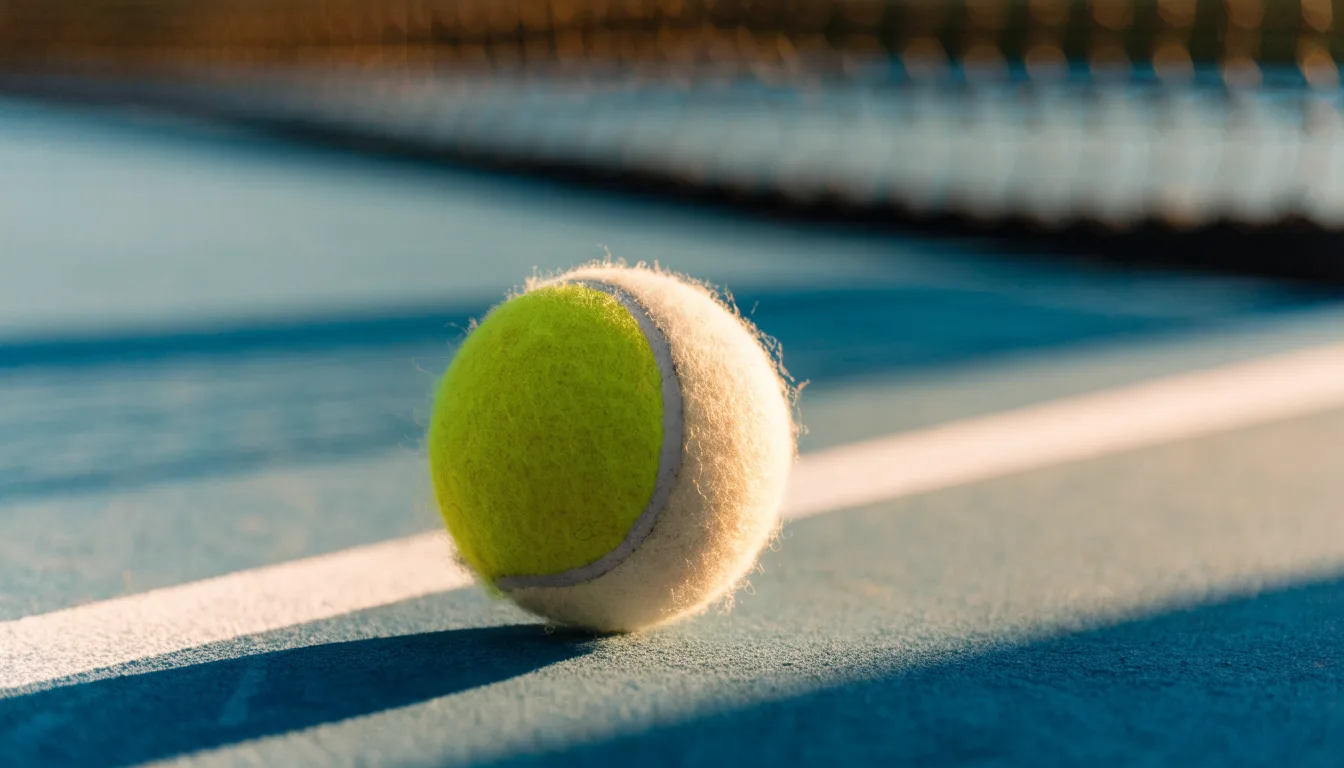 Ein Tennisball liegt in Nahaufnahme auf einer Grundlinie, dahinter verschwimmt ein leerer Platz in warmem Licht.