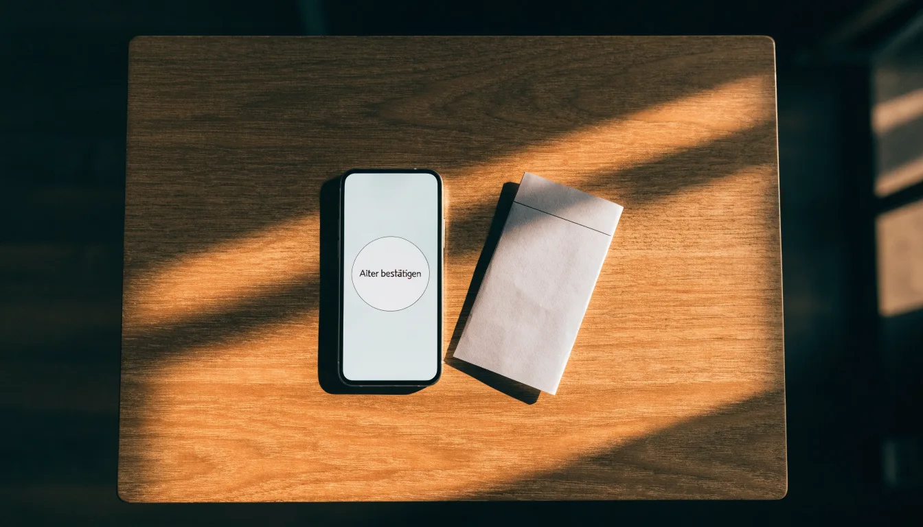 Ein Smartphone mit dunklem Display liegt neben einem leeren Papier-Wettschein auf einem Tisch, Licht fällt von der Seite.