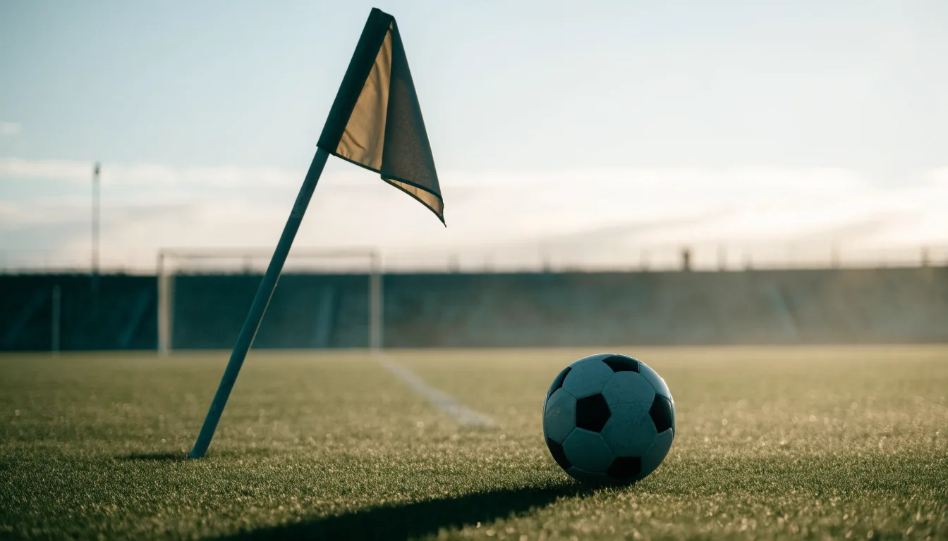 Ein Fußball liegt auf Rasen neben einer Eckfahne ohne Aufdruck auf einem leeren Platz im Morgenlicht.