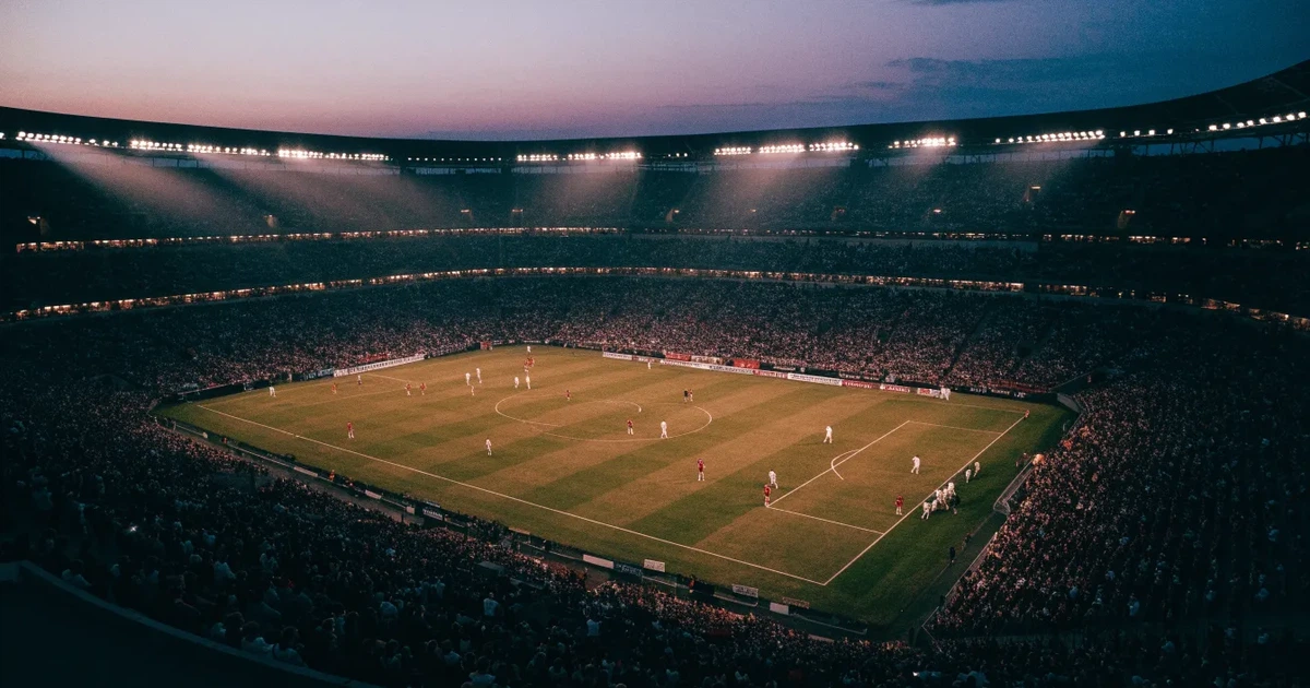 Ein riesiges Stadion in der Abenddämmerung aus der Vogelperspektive gesehen, die Lichter an den Rängen sind eingeschaltet.