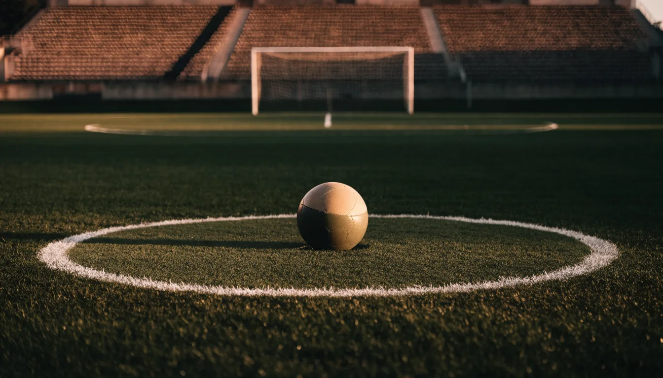 Ein Fußball liegt auf dem Anstoßpunkt eines Rasenplatzes, dahinter eine leere Tribüne im Abendlicht.