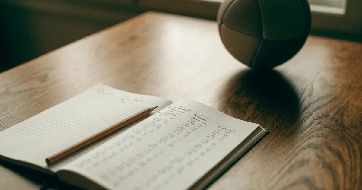 Ein Notizbuch mit handschriftlichen Notizen und einem Bleistift liegt auf einem Holztisch, daneben ein kleiner Fußball im Tageslicht.
