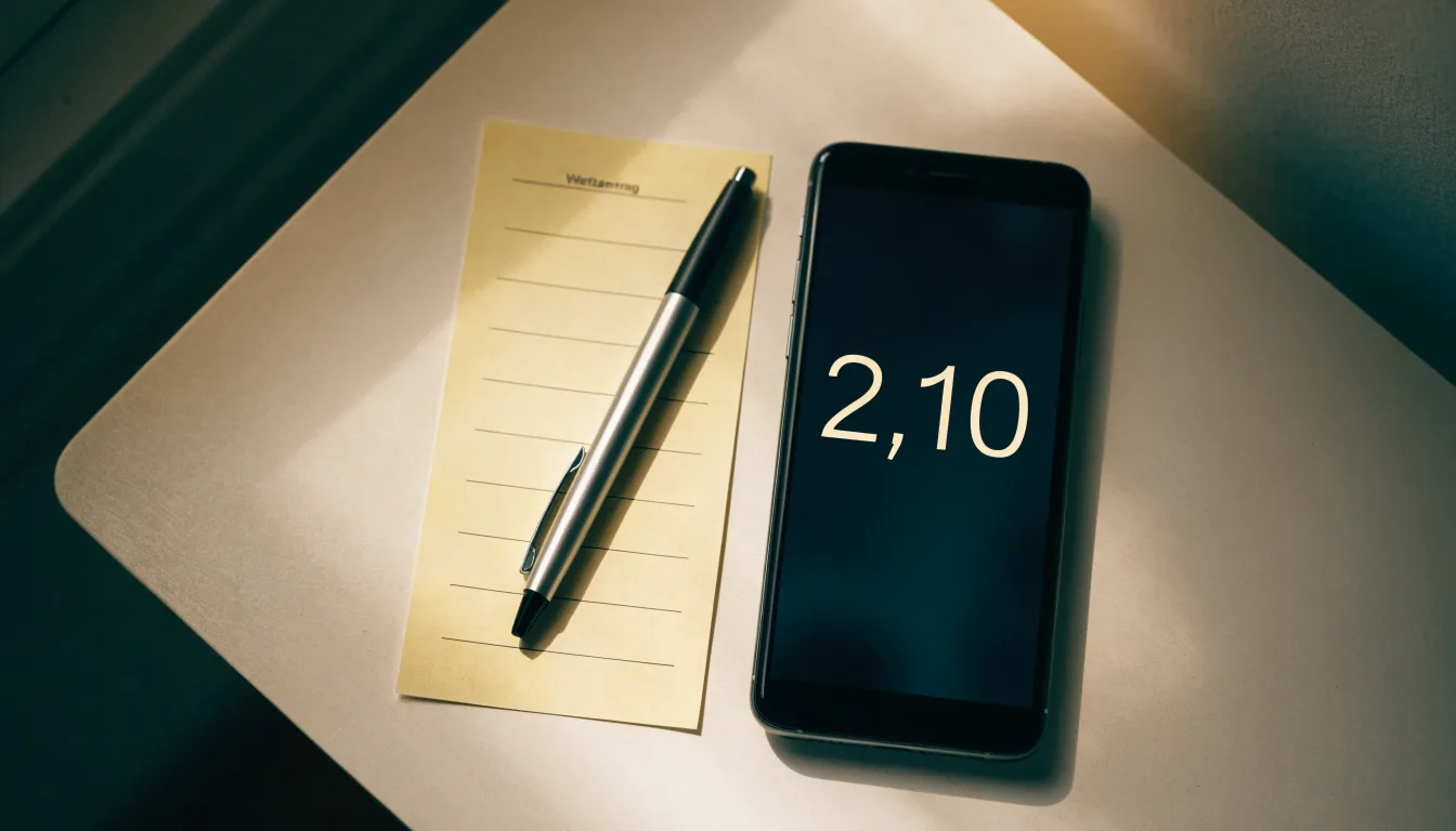 Ein leerer Papier-Wettschein und ein Kugelschreiber liegen neben einem Smartphone mit dunklem Display auf einem Schreibtisch am Fenster.