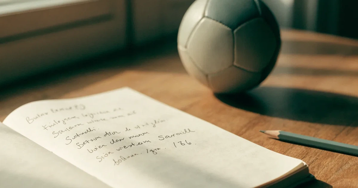 Ein Notizbuch mit handschriftlichen Notizen und einem Bleistift liegt auf einem Holztisch, daneben ein kleiner Fußball im Tageslicht.