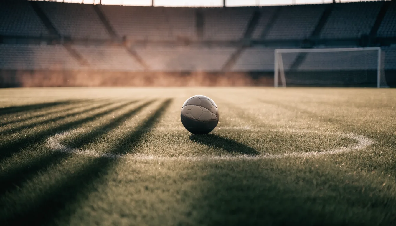 Ein Fußball liegt auf dem Anstoßpunkt eines Rasenplatzes, dahinter eine leere Tribüne im Abendlicht.