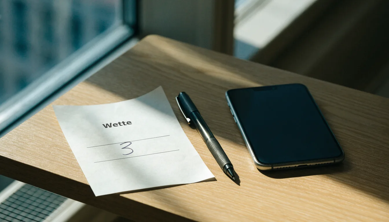 Ein leerer Papier-Wettschein und ein Kugelschreiber liegen neben einem Smartphone mit dunklem Display auf einem Schreibtisch am Fenster.