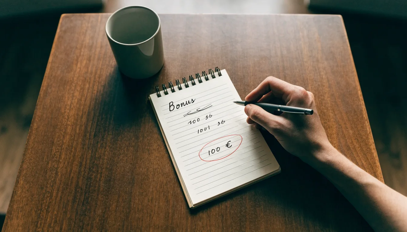 Ein Notizbuch mit handschriftlichen Notizen und ein Taschenrechner stehen auf einem Schreibtisch, daneben eine Tasse.