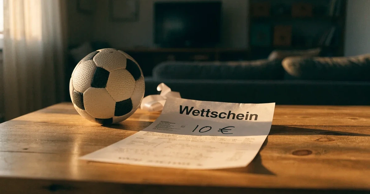 Ein kleines Geschenkband liegt neben einem Fußball und einem leeren Papier-Wettschein auf einem Holztisch im Tageslicht.