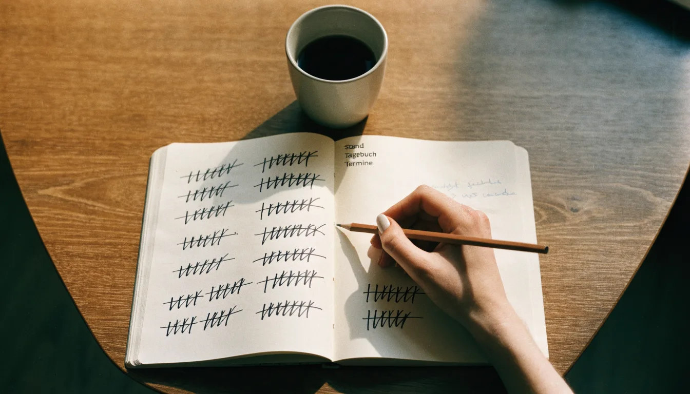 Ein Notizbuch mit handgeschriebenen Strichlisten liegt neben einem Bleistift und einer Kaffeetasse auf einem Holztisch.