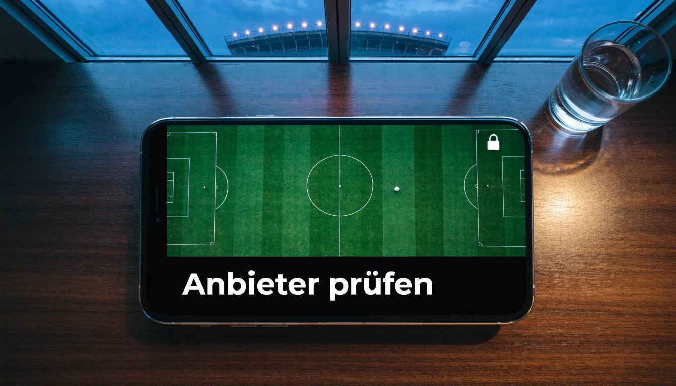 Ein Smartphone mit dunklem Display liegt auf einem Schreibtisch neben einem Glas Wasser, im Fenster dahinter ein Stadion im Dämmerlicht.