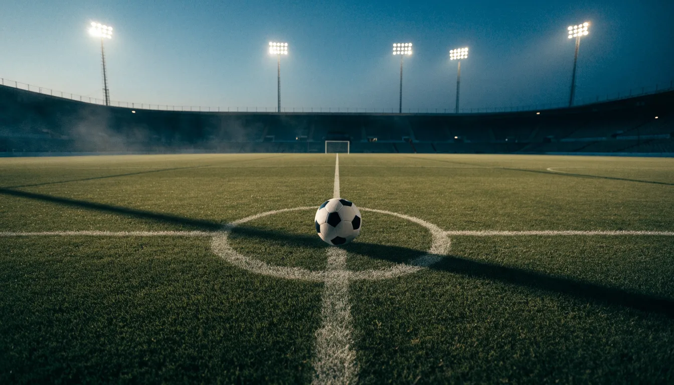 Ein Fußball liegt auf dem Mittelkreis eines leeren Rasenplatzes unter Flutlicht am frühen Abend, die Tribünen sind nur schemenhaft zu erkennen.