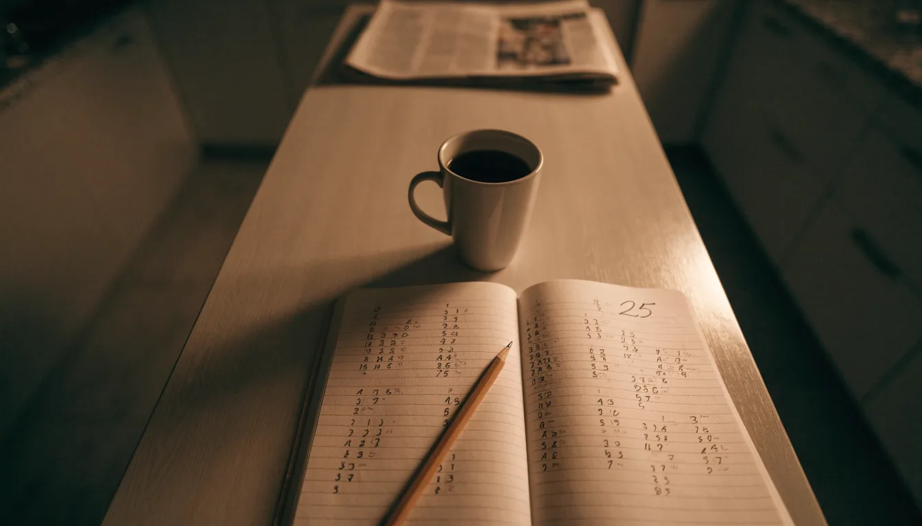 Ein Notizbuch mit handschriftlichen Zahlenreihen und ein Bleistift liegen auf einem Küchentisch neben einer Tasse.