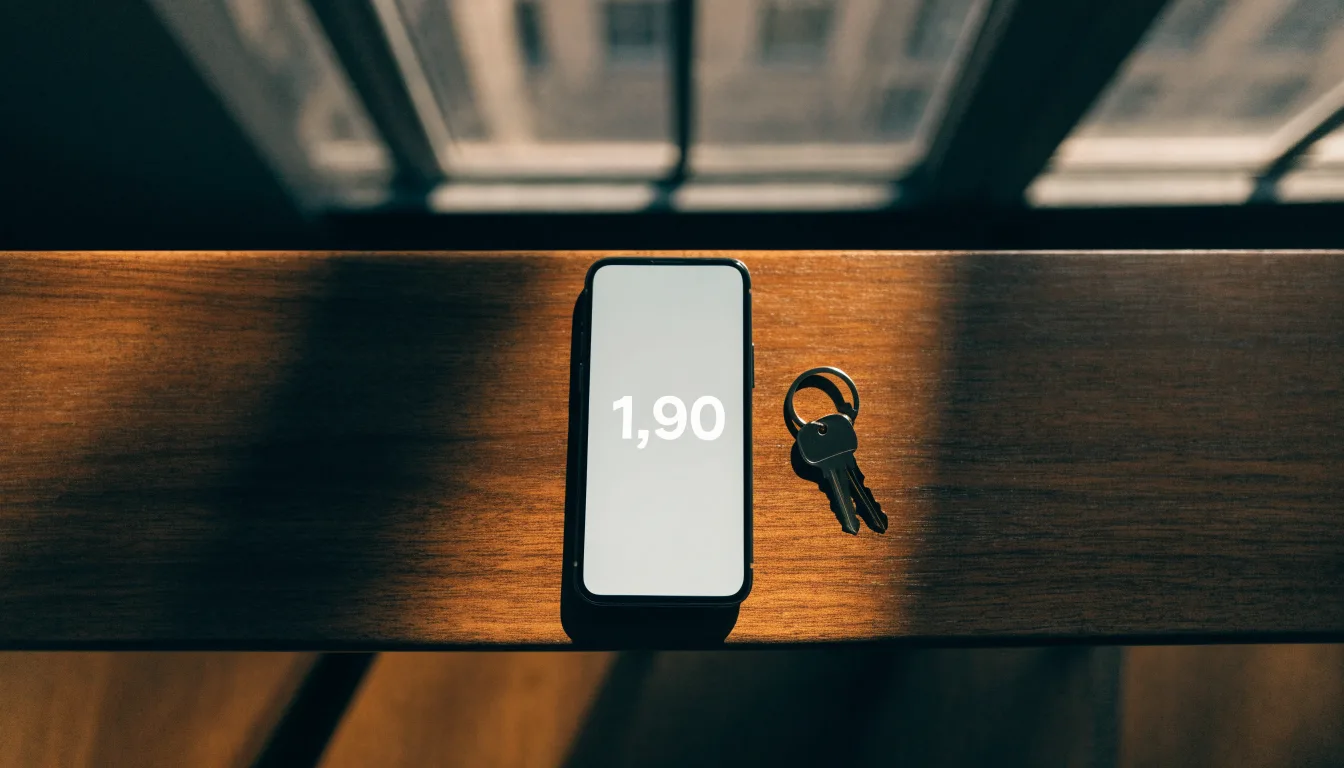 Ein Smartphone mit dunklem Display liegt auf einem Holztisch, daneben ein Schlüsselbund, im Hintergrund ein Fenster mit Abendlicht.