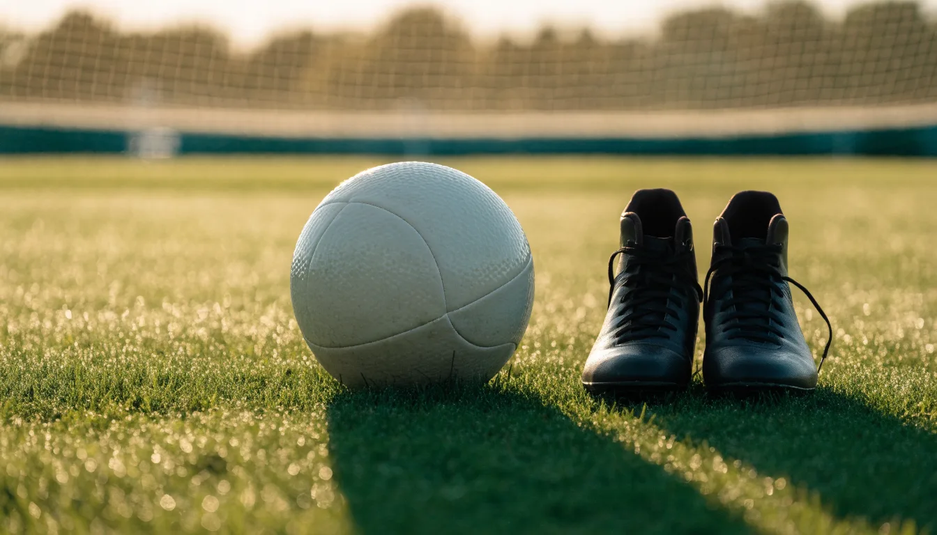 Ein Fußball auf frisch gemähtem Rasen im Morgenlicht, daneben ein Paar Fußballschuhe ohne erkennbare Marke.
