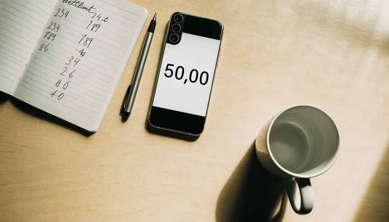 Ein Notizbuch mit handgeschriebenen Zahlen und ein Kugelschreiber liegen auf einem Tisch, daneben ein Smartphone mit schwarzem Bildschirm.
