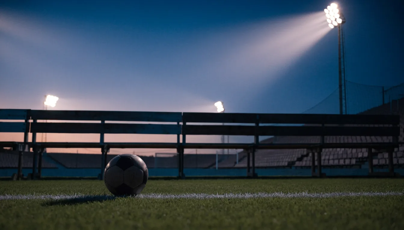 Ein Fußball liegt am Spielfeldrand neben einer leeren Ersatzbank, das Flutlicht über dem Platz leuchtet in der Dämmerung.