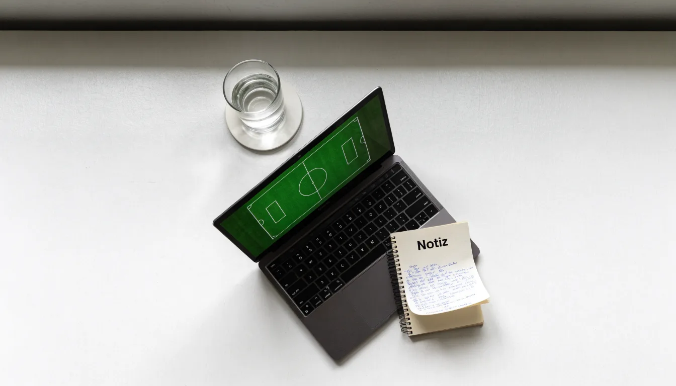 Ein Laptop mit dunklem Bildschirm steht aufgeklappt auf einem Schreibtisch, daneben ein Notizbuch und ein Glas Wasser.