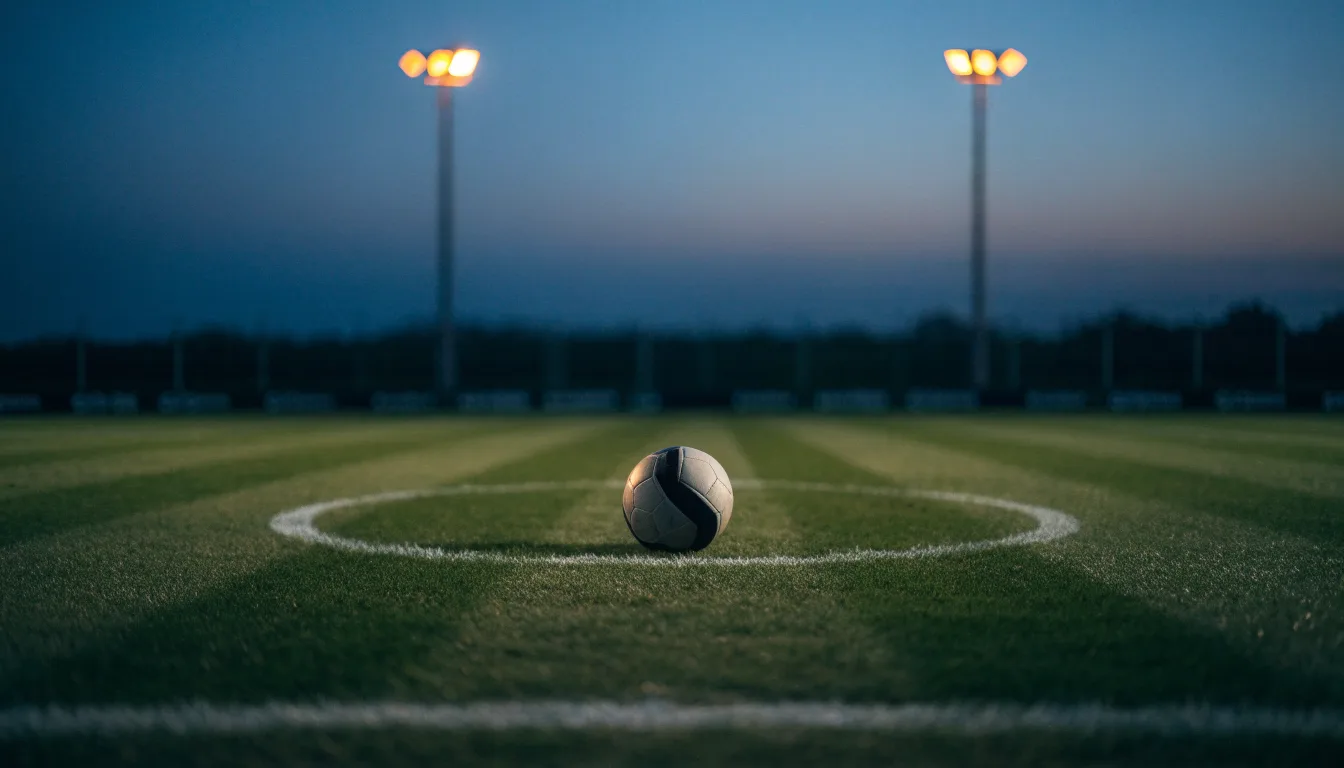 Ein Fußball liegt auf dem Anstoßpunkt eines Rasenplatzes in der Abenddämmerung, Flutlichtmasten stehen unscharf im Hintergrund.