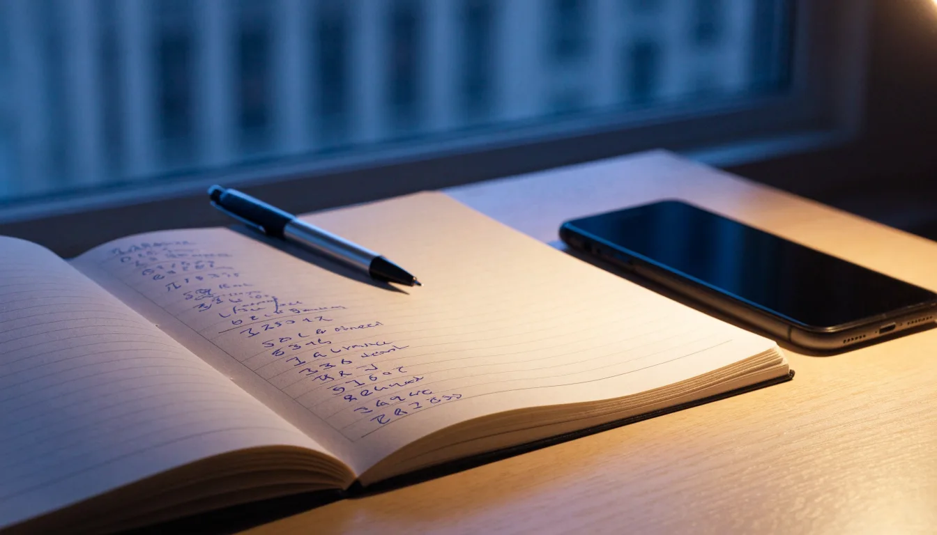 Ein Notizbuch mit handschriftlichen Zahlen liegt neben einem Smartphone mit dunklem Display auf einem Tisch, im Fenster Dämmerlicht.