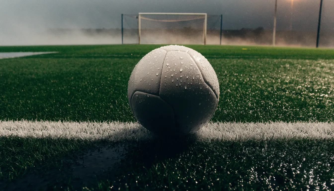 Ein Fußball liegt auf dem Elfmeterpunkt eines nassen Rasenplatzes, im Hintergrund ein leeres Tor im Nebel.