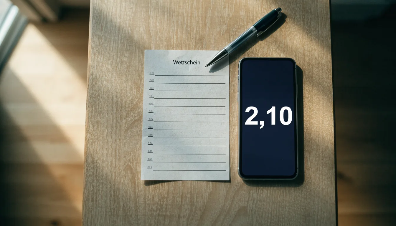 Ein leerer Papier-Wettschein und ein Kugelschreiber liegen auf einem Holztisch neben einem schwarzen Smartphone.