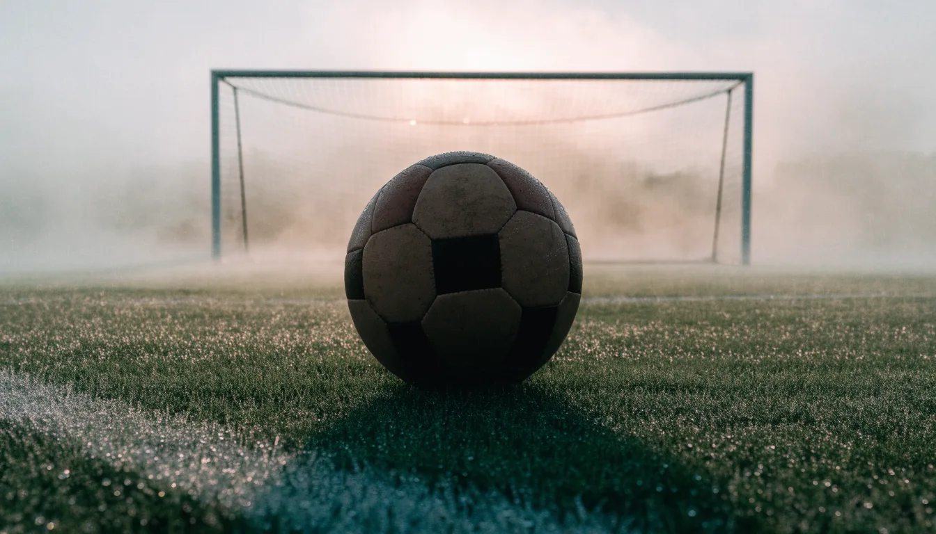 Ein Fußball liegt auf dem Rasen vor einem Tor im Morgennebel, die Netzmaschen sind taufeucht.