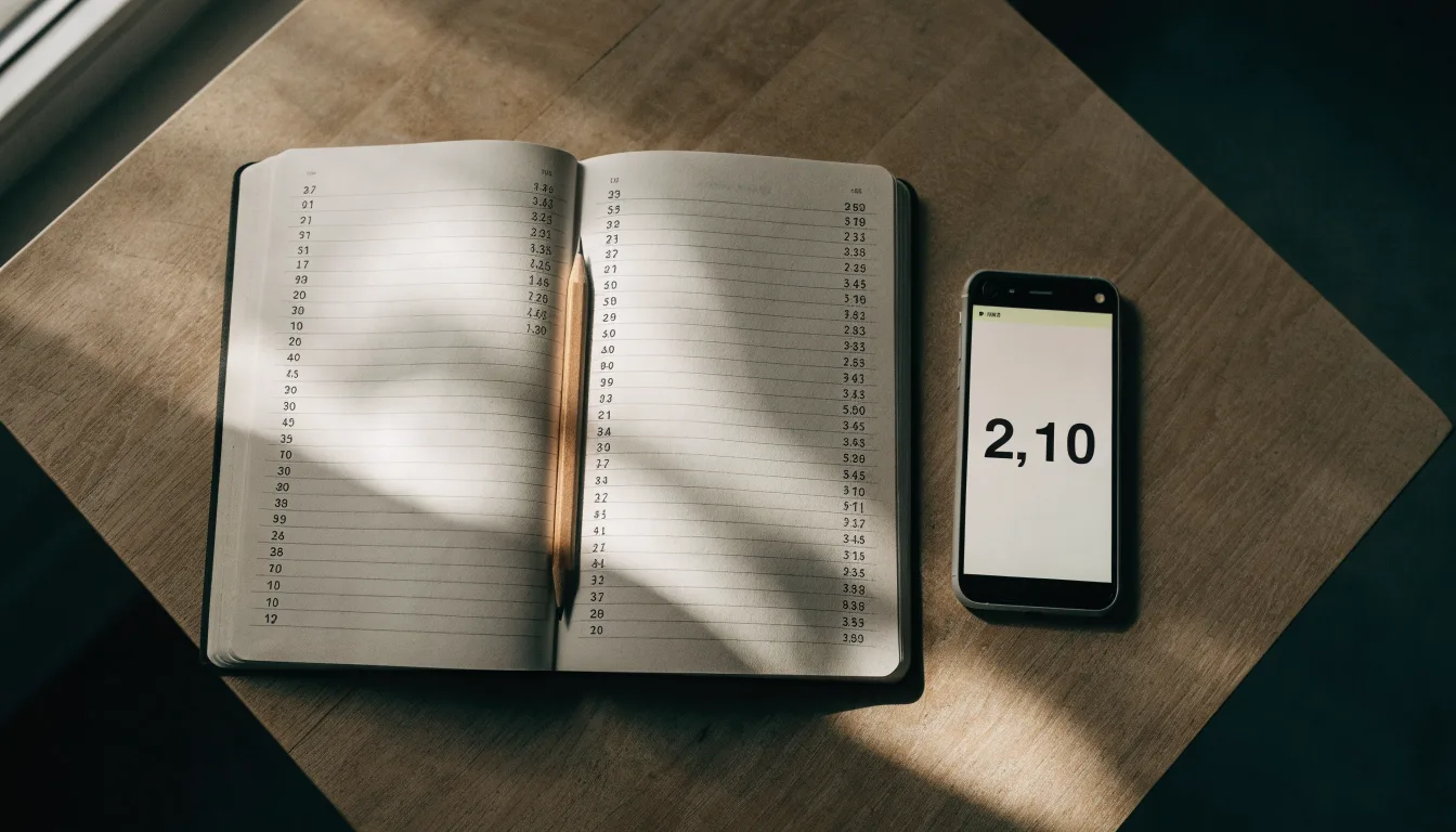 Ein Notizbuch mit handschriftlichen Zahlenreihen liegt neben einem Bleistift und einem Smartphone mit dunklem Display auf einem Tisch.