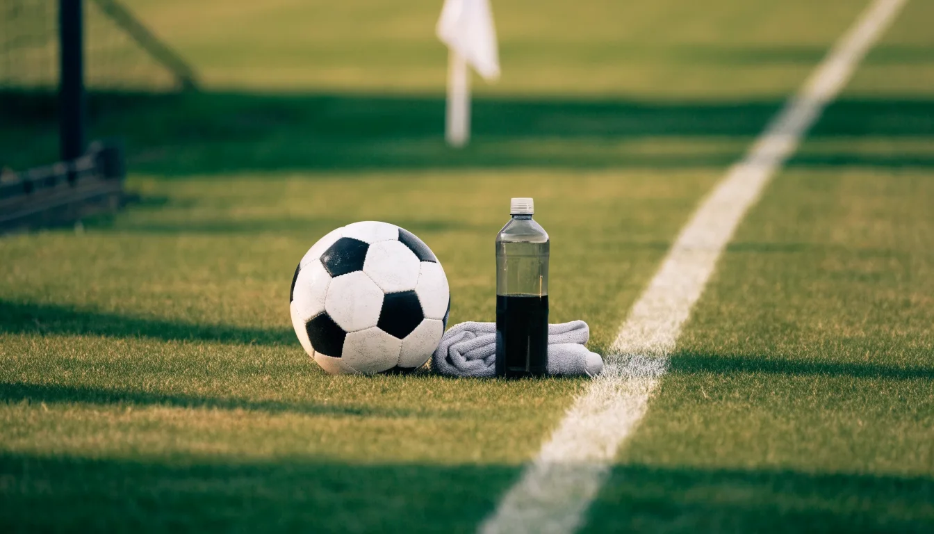 Ein Fußball auf einer Wiese neben der Seitenlinie, daneben eine Trinkflasche ohne Aufdruck und ein Handtuch.