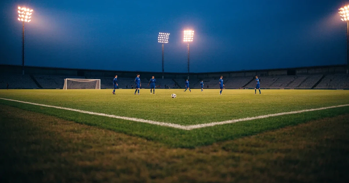 Ein Fußballstadion in der Dämmerung aus der Ferne, die Flutlichter gerade eingeschaltet, davor ein Kreisverkehr mit Laternen.