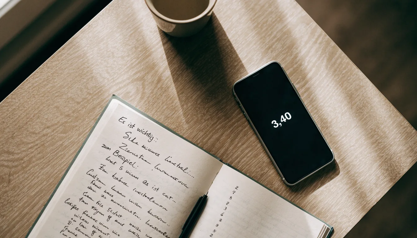 Ein Notizbuch mit handschriftlichen Notizen und ein Taschenrechner liegen auf einem Schreibtisch neben einem Smartphone mit dunklem Display.
