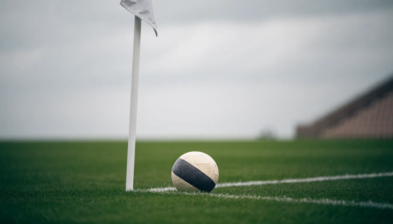 Ein Fußball liegt neben einer Eckfahne auf kurz gemähtem Rasen unter bewölktem Himmel.