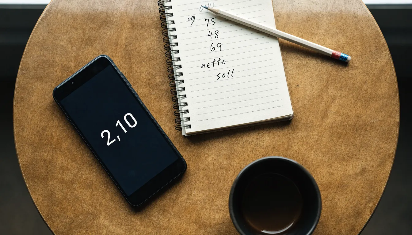 Ein Smartphone liegt mit schwarzem Display neben einer Kaffeetasse und einem Notizblock auf einem Café-Tisch.