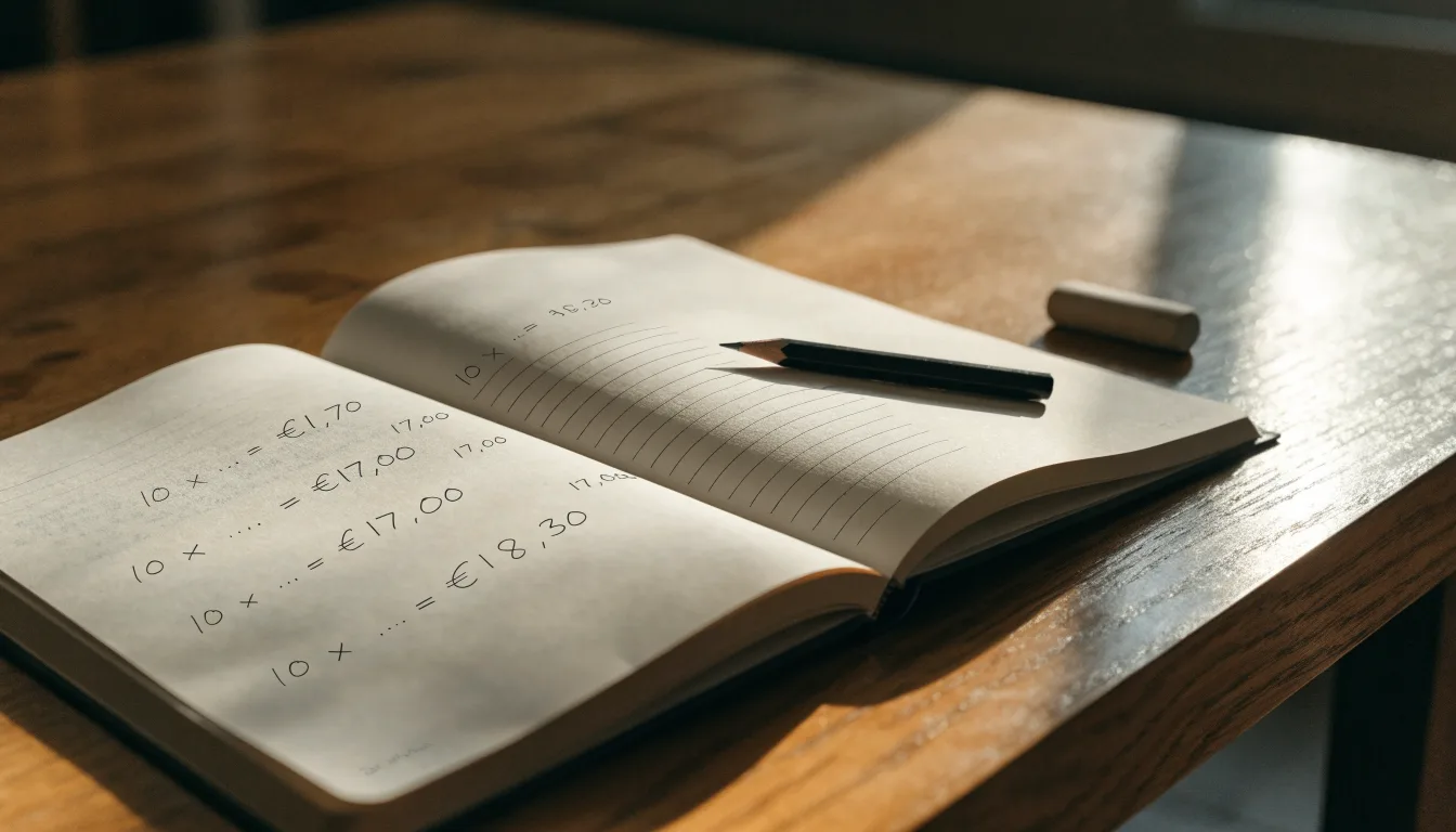Ein Notizbuch mit handschriftlichen Multiplikationen liegt aufgeschlagen auf einem Holztisch, daneben ein Bleistift und ein Radiergummi.