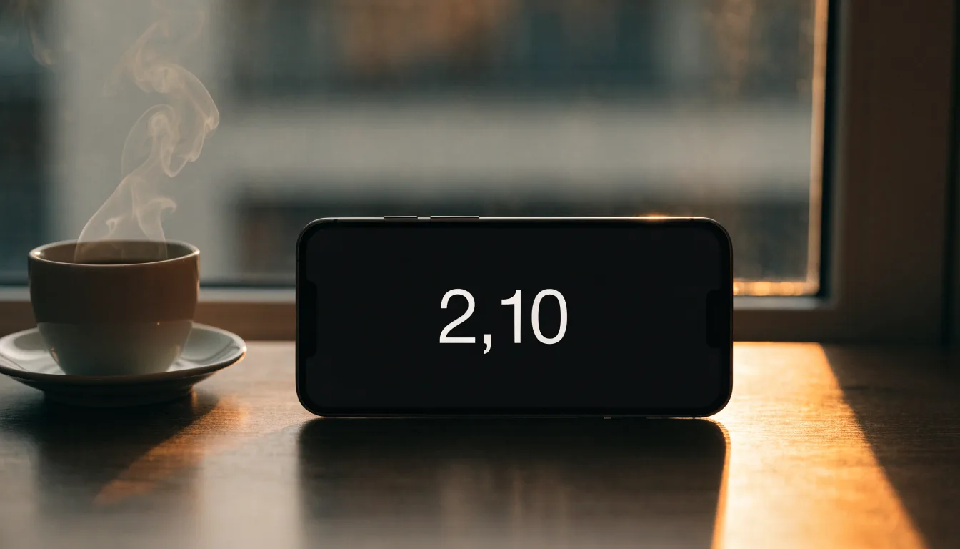 Ein Smartphone mit dunklem Display liegt neben einer Kaffeetasse auf einem Schreibtisch, durch das Fenster fällt Abendlicht.